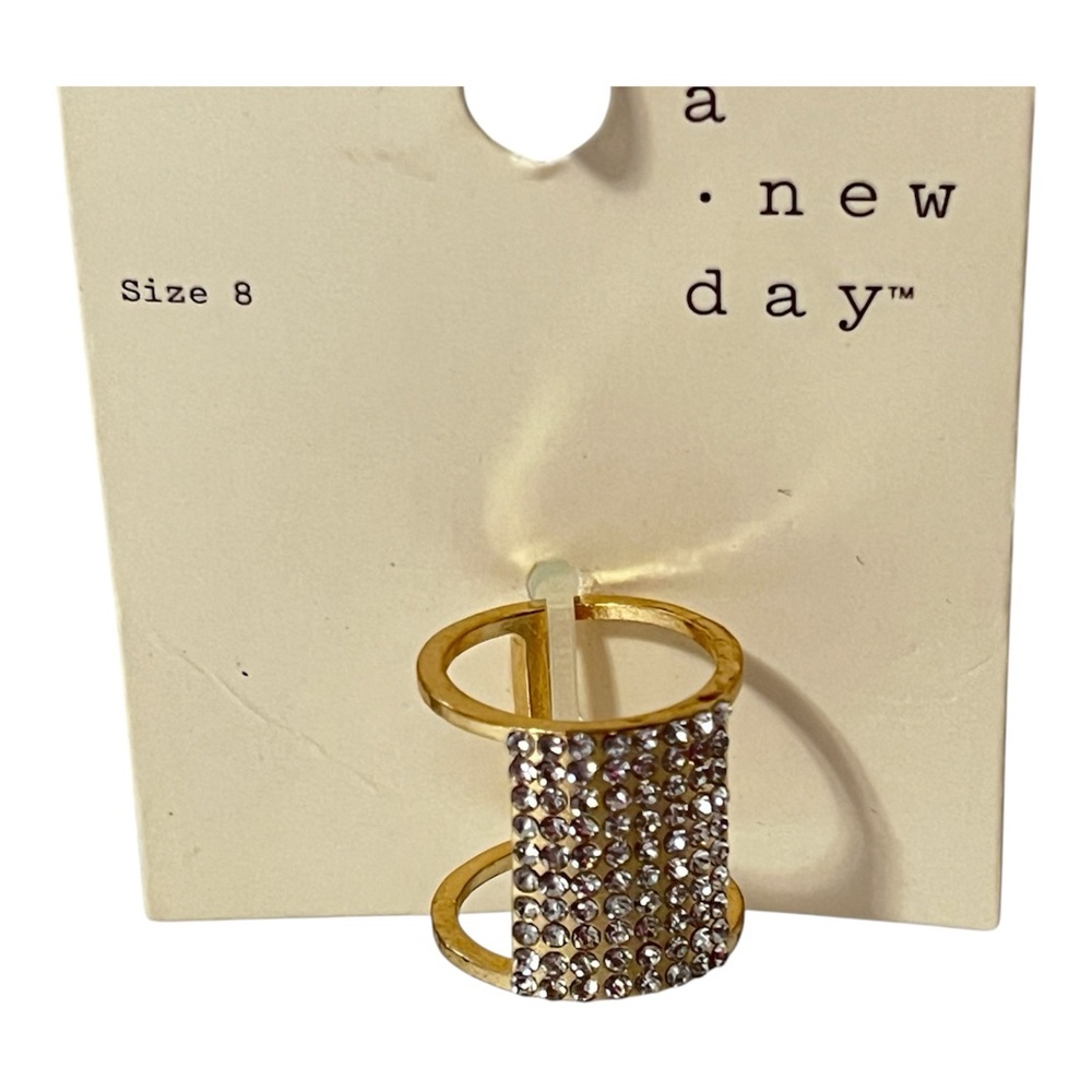 A New Day Gold Ring with Silver Accents Wide Glass Stone Band cage pave Sz 9